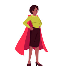 Poster - efficient top manager semi flat rgb color vector illustration. office worker in superwoman red cape 