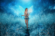 Fairy Tale Elf Holds In Hands Luminous Planet Universe Cosmos Bright Stars Moon. Girl In Blue Short Sexy Dress Transparent Wings. Long Red Hair. Backdrop Magic Forest Trees Grass Fireflies Space Glow