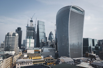 Skyscrapers in London as seen from The Monument viewpoint. The famous 'Walkie Talkie' building in Fenchurch being the main focus. 