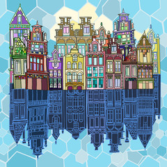  Abstract colorful illustration with hand drawn elements featuring fictional Dutch town in spring.  