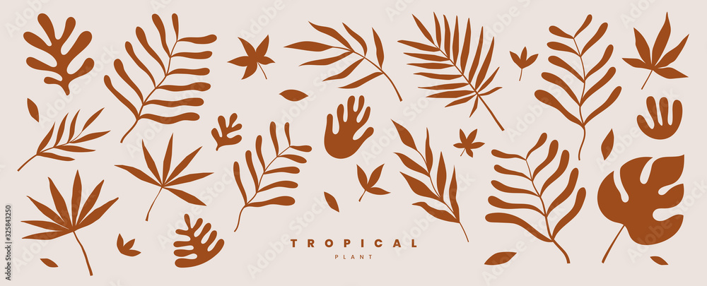 Set of exotic palm leaves of various shapes and sizes vector illustration on a light background. Tropical plants. Terracotta color plant collection in flat style. Elements for ecological design. - obrazy, fototapety, plakaty 