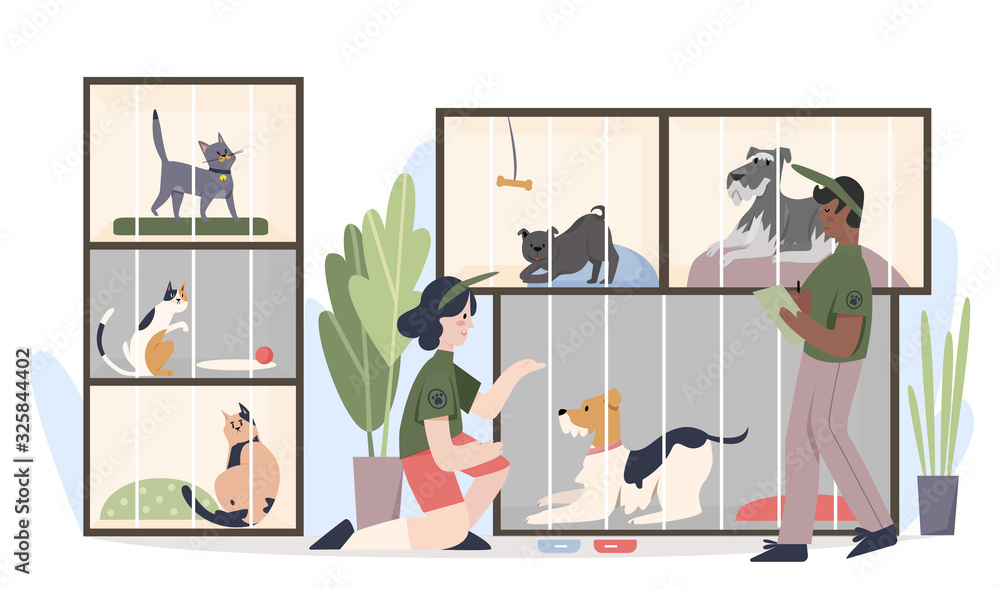 Animal shelter with pets in cages. Man and woman volunteers feeding animals cartoon flat vector illustration - obrazy, fototapety, plakaty 