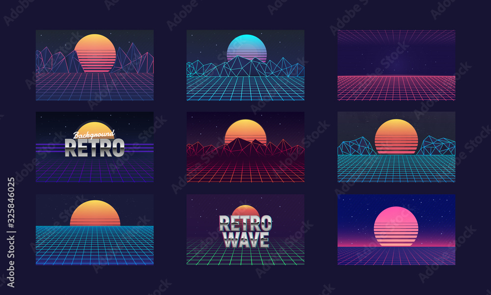 Vaporwave backgrounds with laser grid and retro sun. Retro futuristic sunsets - abstract landscapes 80s. Set of Cyberpunk backgrounds templates. Vector illustration - obrazy, fototapety, plakaty 