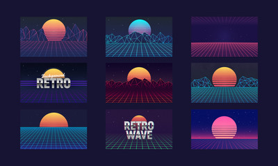 Wall Mural - vaporwave backgrounds with laser grid and retro sun. retro futuristic sunsets - abstract landscapes 