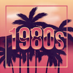 Wall Mural - 1980's poster design in retro outrun style. synthwave, vaporwave, retrowave background with palm tre