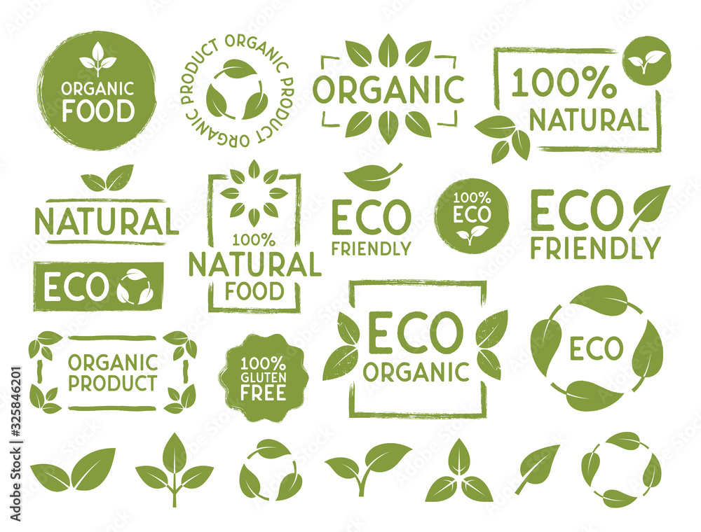 Set of Eco, bio, organic and natural products stickers, labels, badges and logos. Ecology icons set. Logo templates with green leaves for organic and eco friendly products. Vector illustration - obrazy, fototapety, plakaty 
