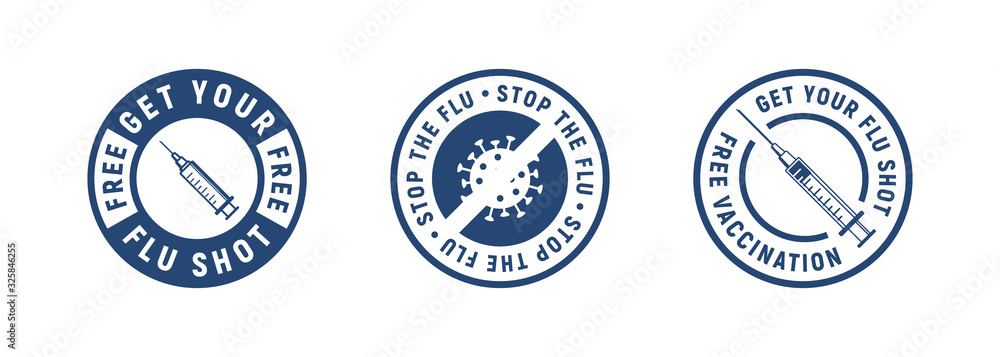 Set of 3 medicine labels with syringe, bacteria or virus icons. Get your flu shot, Vaccination, Stop the flu. Modern minimal design. Medical labels, logos, badges for pandemia. Vector illustration - obrazy, fototapety, plakaty 