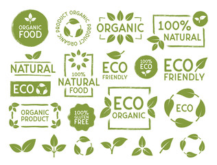 set of eco, bio, organic and natural products stickers, labels, badges and logos. ecology icons set.