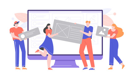 Web developers and designers build a website. Team work, development studio, programmers, startup. Characters hold cards and frames. Web page layout monitor. Vector flat illustration.