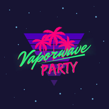 Vaporwave retro neon logo with beach palms isolated on dark background. Trendy neon 80's design. Vector illustration