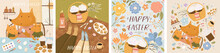 Happy Easter! Set Of Illustrations With Fox Family Paints Eggs; Couple Celebrating On Picnic; Easter Cakes In Basket, Flowers And Isolated Objects. Vector Cute Drawings For Card, Postcard Or Poster