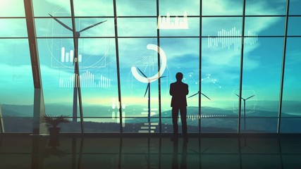 Wall Mural - silhouette of a man standing in his office on the background of wind power stations and infographics