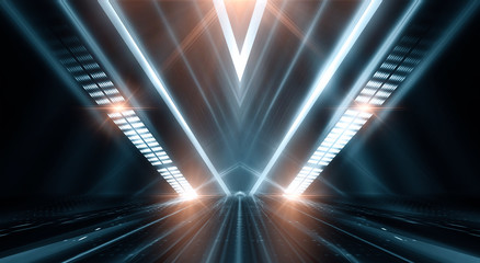 Wall Mural - empty background scene. dark street reflection on the wet pavement. rays neon light in the dark, neo