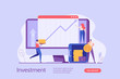 People invest money. Woman managing financial chart. Concept of ROI, return on investment, financial solutions. Vector illustration in flat design for UI, web banner, mobile app