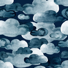 Poster - Painted dark blue night sky clouds watercolor illustration set