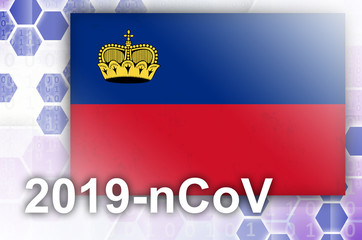 Liechtenstein flag and futuristic digital abstract composition with 2019-nCoV inscription. Covid-19 outbreak concept