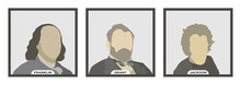 Benjamin Franklin, Ulysses S. Grant And Andrew Jackson, Politicians And Presidents Of The United States Of America. Stylized Vector Portraits On White Background