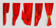 Red window curtains set, folded cloth for interior decoration isolated on transparent background. Soft lightweight clear material, fabric drapery of different forms. Realistic 3d vector illustration