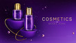 Cosmetics bottles on podium sale banner, beauty skin care cosmetic tubes on hemisphere shape stages, perfume product ad presentation on showroom platform with gold pearls realistic 3d vector