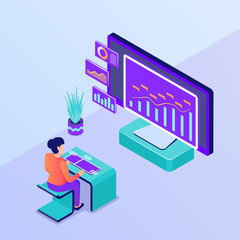 Wall Mural - workspace future concept with big display data report visualization with ar with isometric style