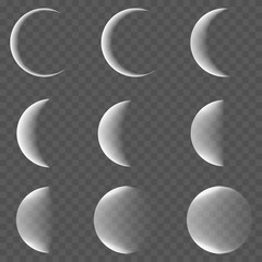 Set of moon phases on transparent background. Vector.