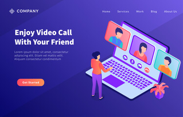 Wall Mural - video call group team concept use laptop concept for website template or landing homepage