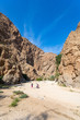 Wadi Shab river canyon with rocky cliffs and green water springs - Sultanate of Oman
