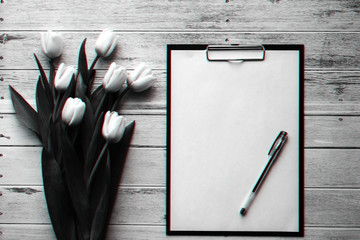 Wall Mural - White bouquet of tulips on wooden blue background with blank paper tablet