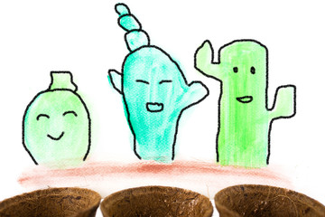 Set of happy cactus, art work.