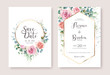 Set of floral wedding Invitation card and save the date template. Vector. Pink and orange rose flower with greenery, silver dollar, olive leaves, Wax flower.