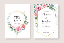 Set Of Floral Wedding Invitation Card And Save The Date Template. Vector. Pink And Orange Rose Flower With Greenery, Silver Dollar, Olive Leaves, Wax Flower.
