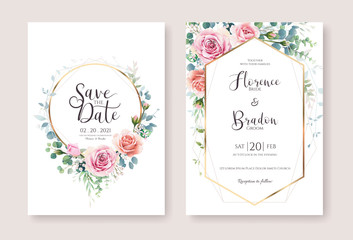 Wall Mural - Set of floral wedding Invitation card and save the date template. Vector. Pink and orange rose flower with greenery, silver dollar, olive leaves, Wax flower.