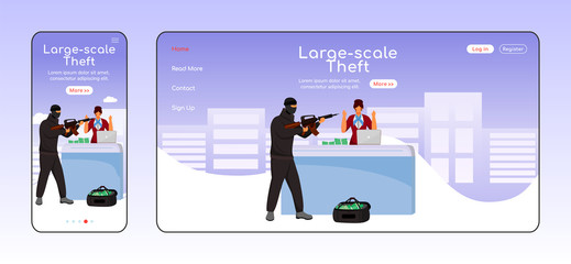 Wall Mural - large scale theft adaptive landing page flat color vector template. armed attack mobile and pc homep
