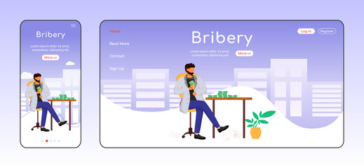 Wall Mural - Bribery adaptive landing page flat color vector template. Corruption mobile and PC homepage layout. Illegal profit. Corrupted official one page website UI. Webpage cross platform design