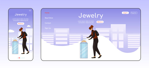 Wall Mural - jewelry theft adaptive landing page flat color vector template. museum robbery mobile and pc homepag