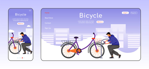 Wall Mural - bicycle theft adaptive landing page flat color vector template. man stealing bike. street burglar mo
