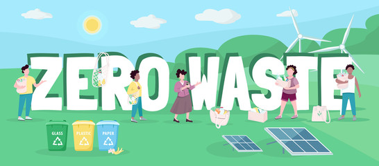 Wall Mural - zero waste word concepts flat color vector banner. isolated typography with tiny cartoon characters.
