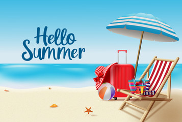 Hello summer vector background design. Hello summer greeting text in seashore background with beach elements like beach ball, umbrella, sunblock, bag and luggage for summer vacation.