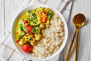 Vegan meal coconut and mushroom curry with rice