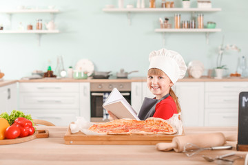 Sticker - Cute little chef with cook book and pizza in kitchen