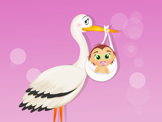 Wall Mural - illustration of stork with baby female