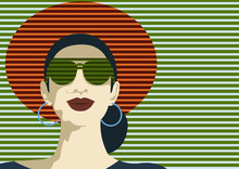 Portrait Of Young Beautiful Woman With Modern Green Sunglasses Wearing Big Orange Hat For Sun Protection, Vacation Traveling Concept