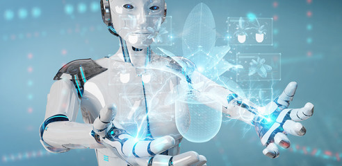 Fototapete - Robot holding and touching holographic projection of a plant with digital analysis 3D rendering