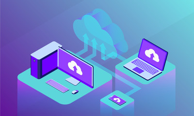 Wall Mural - cloud storage upload and store data digital with computer server and database with isometric flat st