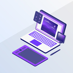 Wall Mural - graphic design or designer concept with laptop and sketching pen tablet tools with isometric style