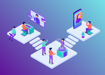 Wall Mural - modern business process workflow with team people work in office with isometric flat style