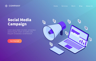 Wall Mural - social media campaign concept with laptop dana analysis and loud speaker megaphone for website templ