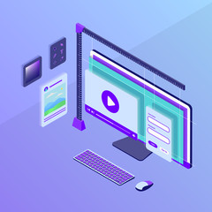 Wall Mural - interface or visual design website development with monitor computer screen with isometric style