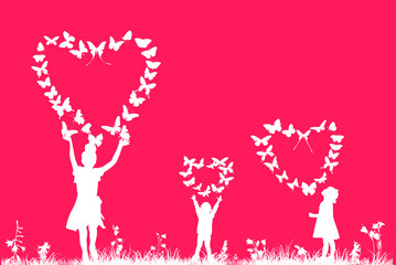  children in grass with hearts from flying butterflies isolated on red