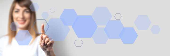 young girl points a finger, added blue icons on a light background. Banner. Concept digital technology
